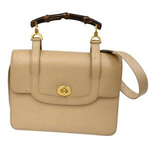 GUCCI Logo Bamboo 2Way Shoulder Hand Bag Leather Beige GHW Italy 95KB654